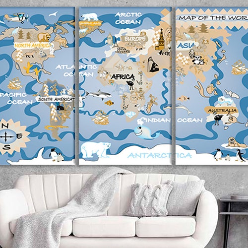 World map Canvas Set of nursery map Animal map canvas Animal world map