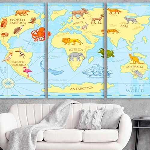 Set of nursery map Animal map canvas World map Canvas Animal world map
