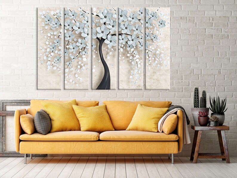 Poster White flowes print Home decor art Five Panel Canvas Luxury print art Flowers tree art Abstract wall art Abstract wall decor