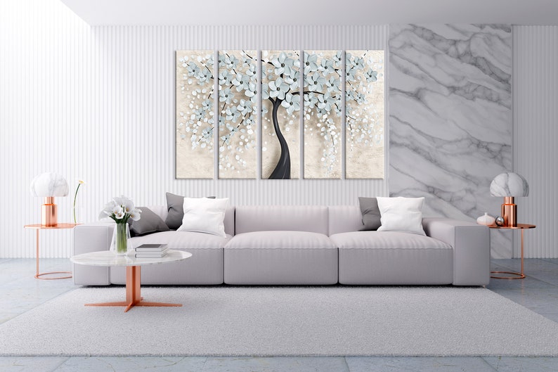 Poster White flowes print Home decor art Five Panel Canvas Luxury print art Flowers tree art Abstract wall art Abstract wall decor