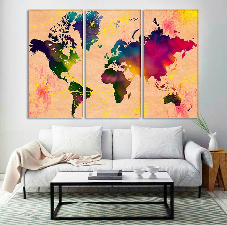 Watercolor World Map World Map Art Large canvas set World Etsy