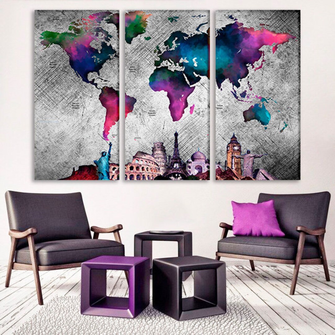 Canvas Wall Art, World Map Wall Art, Canvas Print, World Map Push Pin