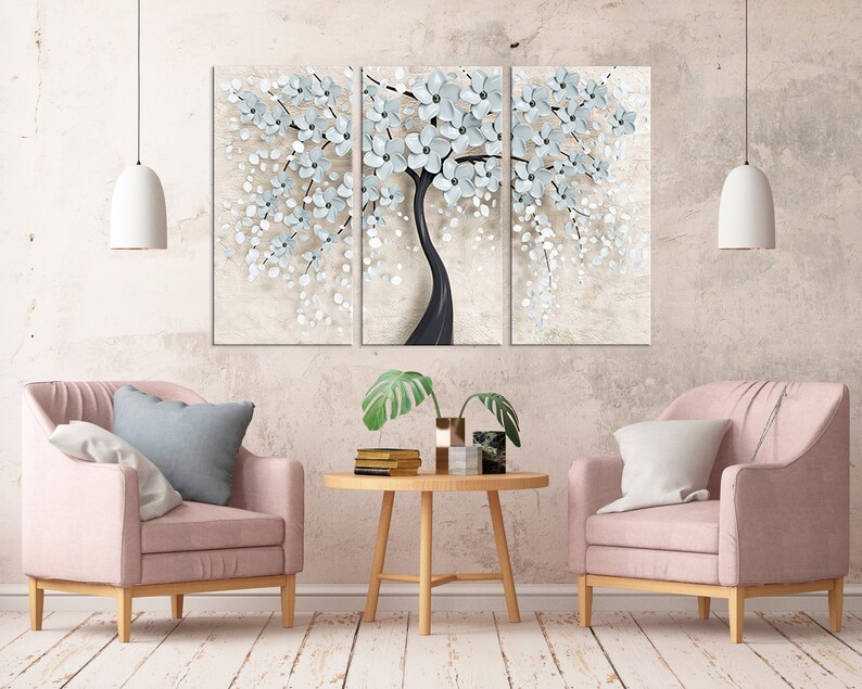 Poster White flowes print Home decor art Five Panel Canvas Luxury print art Flowers tree art Abstract wall art Abstract wall decor