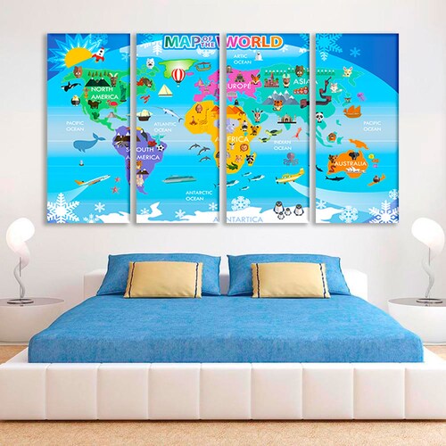 World map Canvas Set of nursery map Kids room canvas Word map canvas