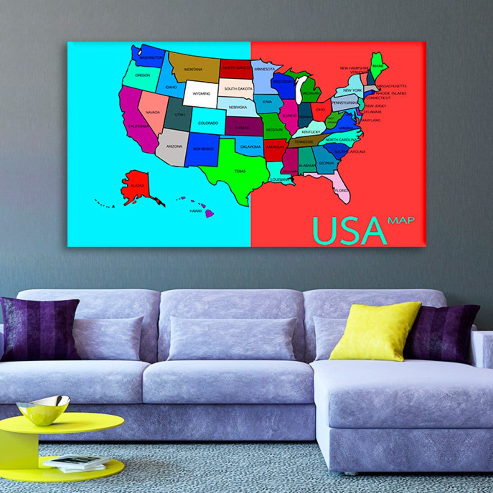 Map of America Wall Art Map of Usa Sticker Map of USA Canvas Etsy