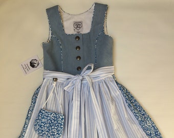 Kinderdirndl Gr.128, upcycling Unikat bestehend aus Kleid, Schürze mit Baumeltäschchen