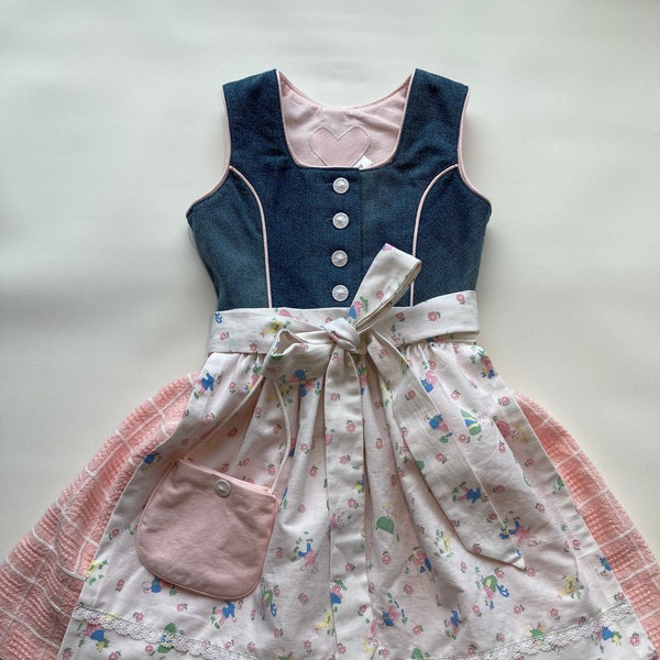 Children's dirndl size 92, handmade upcycling unique piece consisting of dress, apron with dangle bag