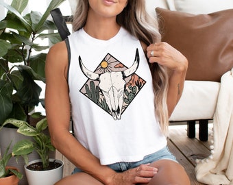 Desert Cow Skull Racer Crop Tank, Cute Country Festival Concert Graphic Tank Top, Cropped Tank For Women