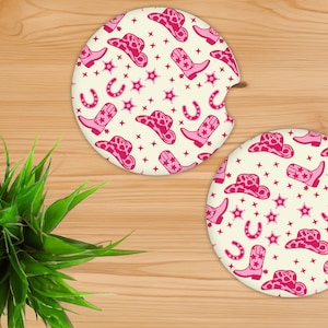 Pink Cowgirl Pattern Car Coasters, Cute Car Decor Ceramic Coaster Inserts, Fun Retro Western Cowgirl Country Gift