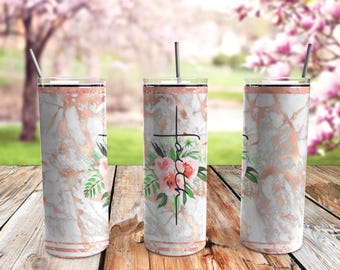 Faith Marble Skinny Tumbler 20oz Travel Coffee with Lid and Straw Stainless Steel Insulated Hot or Cold, Cute Skinny Ice Coffee Tumbler