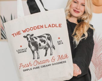 Fresh Cream & Milk Vintage Farm Sign Canvas Tote Bag, Retro Reusable Canvas Market Bag, Country Farmhouse Gift, Cute Dairy Farm Tote