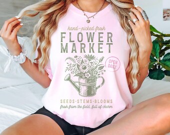 Flower Market Vintage Farm Sign Comfort Colors Unisex Tee - Retro Country Farm Graphic Shirt, Cute Southern Style Tee for Women and Men