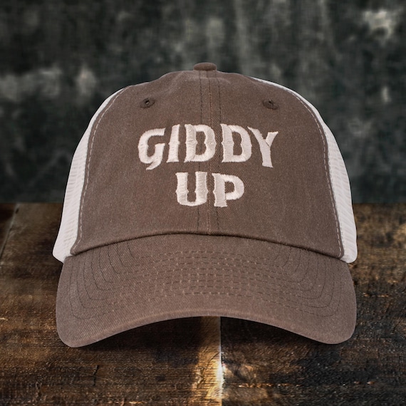Giddy Up Embroidered Trucker Cap, Pigment Dyed Hat, Cute Country Western Style Hat