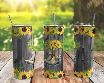Cowboy Boots and Sunflowers Skinny Tumbler 20oz Travel Coffee with Lid and Straw Stainless Steel Insulated Hot or Cold, Cute Tumbler