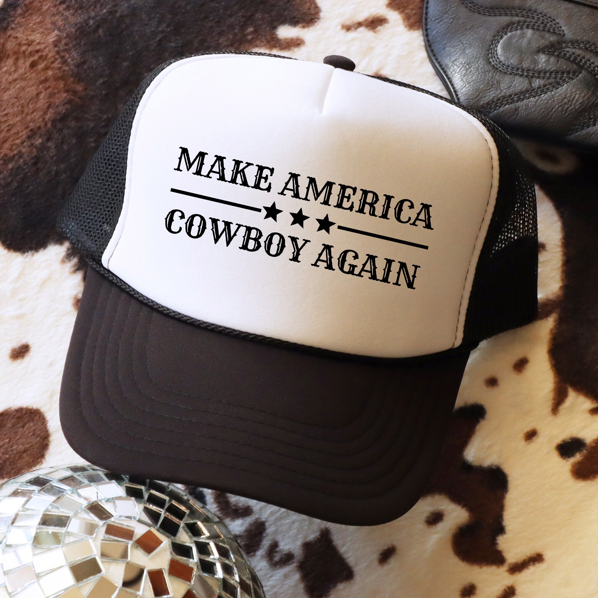 Retro Rodeo Make America Cowboy Again Embroidered Flat Bill Mesh Western Hat Ca American Rodeo Flat – Lost Calf main image 4