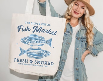 Fish Market Vintage Farm Sign Canvas Tote Bag, Retro Canvas Market Bag, Country Farmhouse Gift, Cute Fish Market Reusable Tote
