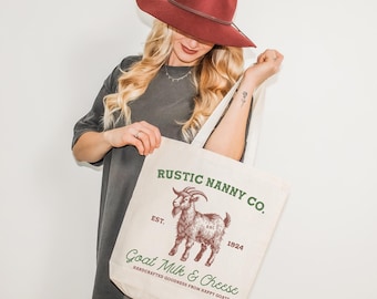 Goat Milk & Cheese Vintage Farm Sign Canvas Tote Bag, Retro Reusable Canvas Market Bag, Country Farmhouse Gift, Cute Goat Farm Tote