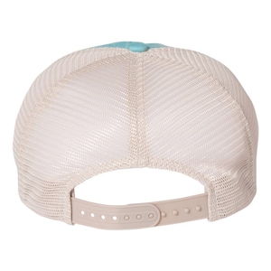 May include: A light blue and beige trucker hat with a mesh back. The hat has a plastic adjustable strap.