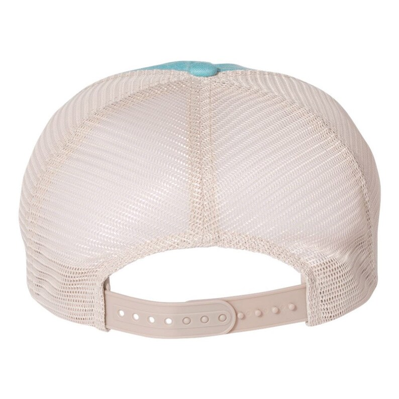 May include: A light blue and beige trucker hat with a mesh back. The hat has a plastic adjustable strap.