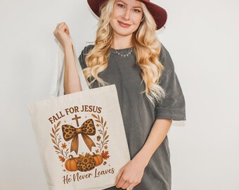 Leopard Fall For Jesus Canvas Tote Bag | Christian Canvas Bag, Autumn Faith Gift, Religious Fall Accessory, Bible Verse Tote