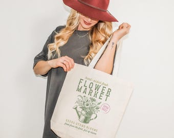 Flower Market Vintage Farm Sign Canvas Tote Bag, Retro Reusable Canvas Market Bag, Country Farmhouse Gift, Cute Flower Market Tote