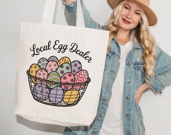 Egg Dealer Basket Canvas Tote Bag, Reusable Canvas Market Bag, Easter Gift, Cute Chicken Eggs Print Tote