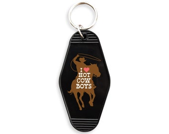 I Love Hot Cowboys Motel Keychain, Cute Retro style Country Western Style Keychain Gift