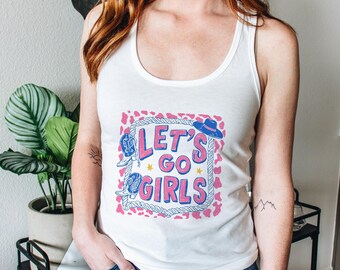 Cow Print Let's Go Girls Racerback Tank Top, Cute Country Style Concert Southern Summer Graphic Tank