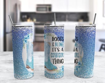 Boots and Bling It's a Cowgirl Thing Skinny Tumbler 20oz Travel Coffee with Lid and Straw, Stainless Steel Insulated Hot Cold, Cute Tumbler