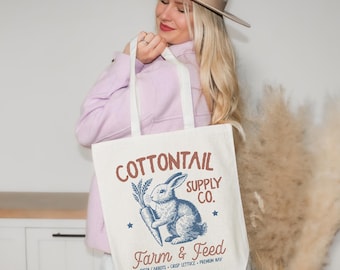 Farm & Feed Vintage Farm Sign Canvas Tote Bag, Retro Canvas Market Bag, Country Farmhouse Gift, Cute Bunny Rabbit Grain Reusable Tote