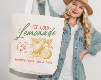 Ice Cold Lemonade Vintage Farm Sign Canvas Tote Bag, Retro Canvas Market Bag, Country Farmhouse Gift, Cute Lemonade Reusable Tote