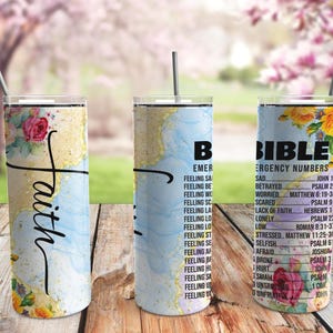 Emergency Bible Verses Skinny Tumbler 20oz Travel Coffee with Lid and Straw Stainless Steel Insulated Hot or Cold, Cute Tumbler