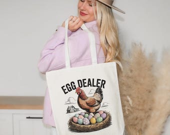 Egg Dealer Rooster Canvas Tote Bag, Reusable Canvas Market Bag, Easter Gift, Cute Chicken Eggs Print Tote