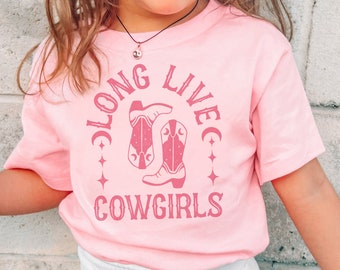 Pink Long Live Cowgirls Toddler or Youth Shirt, Kids Country Style Western Cowgirl Graphic Tee