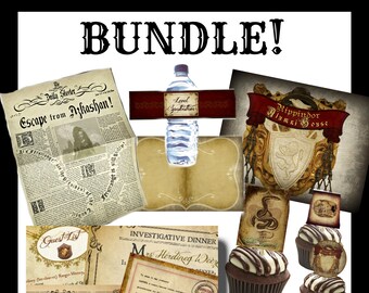 May include: A printable party bundle with a Harry Potter theme. The bundle includes a newspaper, a crest, a guest list, a dinner invitation, a cupcake topper, a bottle label, and a sign that says "Free the Elves".