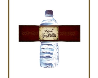May include: A red and gold water bottle label with the text "Level Spobottom" in a decorative font.