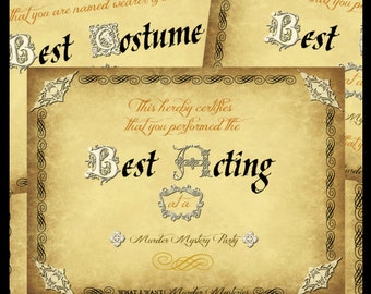 Murder Mystery Award Certificates Printable Download 4 Pack - Awards for Mystery Parties - Best Acting Award - Best Costume Award