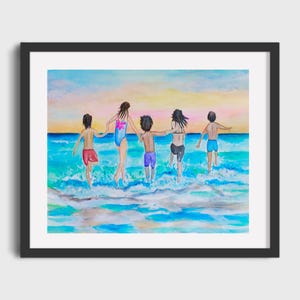 CHILDREN PLAYING in Ocean Watercolor Print, Beach Wall Art, Beach Decor, Summer Art Print, Friends Going for Swim Wall Art, Giclee Art Print