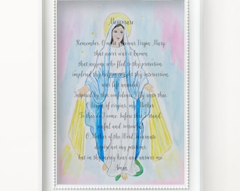 MEMORARE PRAYER Watercolor Print, Mother Mary Art Print, Religious Gift/Art, Blessed Mother Wall Art, Religious Wall Art, Giclee Print