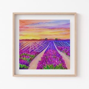 LAVENDER FLOWER FIELDS Watercolor Print, 12 x 12 Scenic Landscape Print, Purple/Violet Floral Wall Art, Floral Wall Decor, Giclee Print