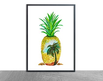 PINEAPPLE ABSTRACT Watercolor Print, Pineapple Wall Art, Kitchen Wall Decor, Pineapple Wall Decor, Fruit Wall Art, Fruit Decor, Giclee Print
