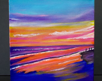 BEACH SUNSET Acrylic Painting. 8 x 8 x 1.5 Inch Small Painting on Canvas. Acrylic Art. Sunset/Coastal Art for Small Space, Beach Decor.