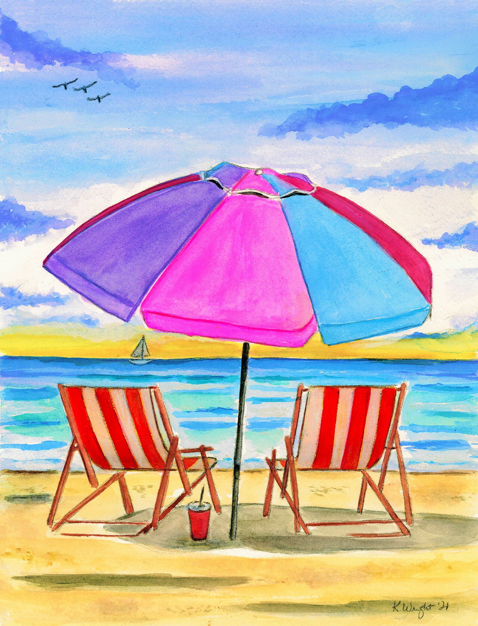 BEACH CHAIRS Watercolor Print, Beach Chairs Art Print, Beach Wall Art