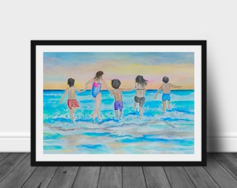 CHILDREN PLAYING in Ocean Watercolor Print, Beach Wall Art, Beach Decor, Summer Art Print, Friends Going for Swim Wall Art, Giclee Art Print