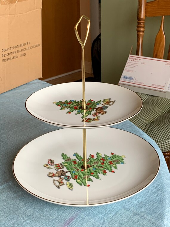 Vintage 2 Tiered Cookie/dessert Tray With Christmas Design Etsy