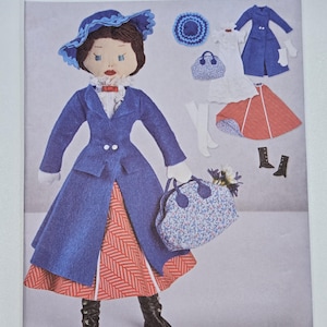 May include: Simplicity sewing pattern S9420 for a doll, featuring a blue coat, red and white herringbone skirt, blue hat, and floral bag. The pattern includes illustrations of the doll wearing the outfit, along with separate accessories like a white dress, blue coat, gloves, and boots.