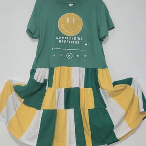 Upcycled"Downloading Happiness" Graphic Tee Dress Patchwork T-Shirt Dress