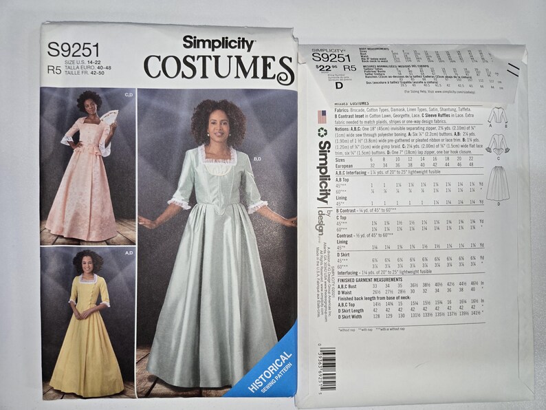 Simplicity S9251 Misses' 18th Century Historical Costume Pattern ...