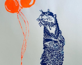 Gravura em linóleo de lontra, Deixe Flutuar, Decoração Artesanal, Papel Japonês