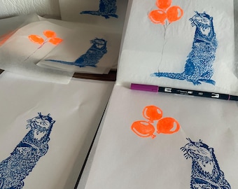 Stampa su linoleum con lontra, Lasciala galleggiare, Decorazione fatta a mano, Carta giapponese